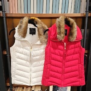 Talbots Red and White Vests with Faux Fur Trim
